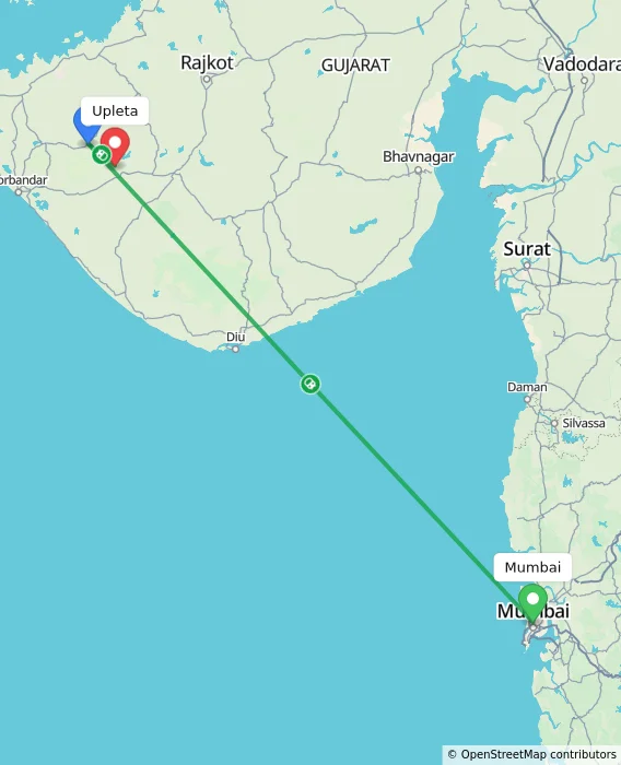 Route map showing distance and travel time from Mumbai, India to Upleta, India