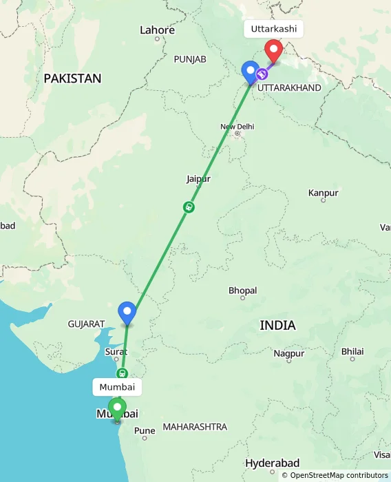 Route map showing distance and travel time from Mumbai, India to Uttarkashi, India