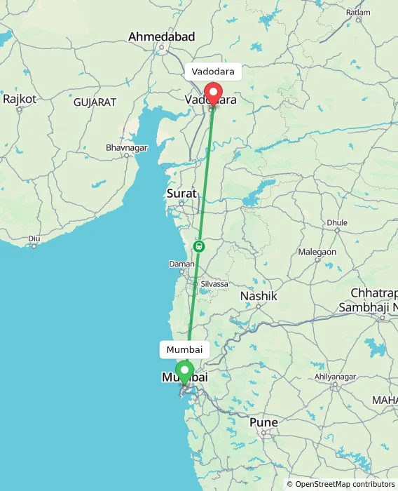 Route map showing distance and travel time from Mumbai, India to Vadodara, India