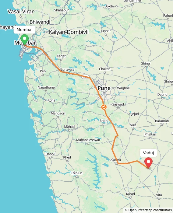 Route map showing distance and travel time from Mumbai, India to Vaduj, India