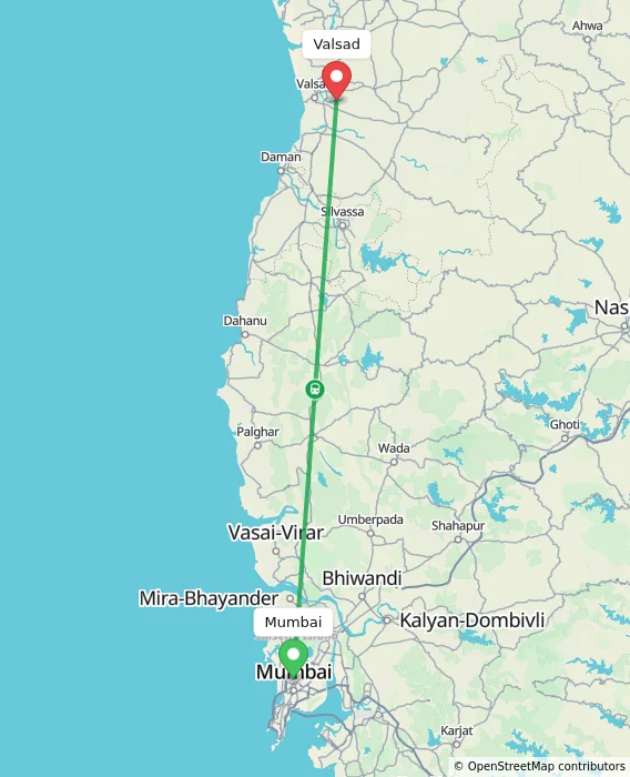 Route map showing distance and travel time from Mumbai, India to Valsad, India
