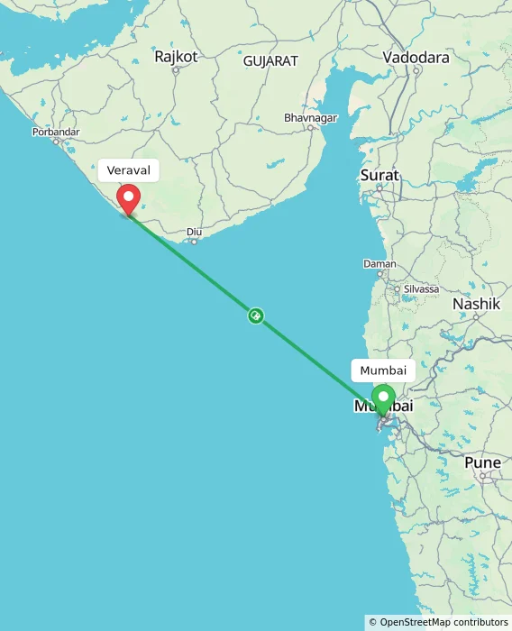 Route map showing distance and travel time from Mumbai, India to Veraval, India