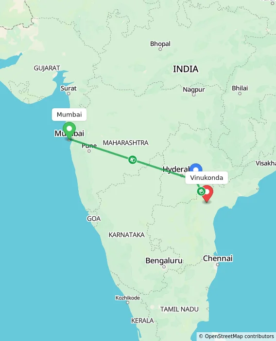 Route map showing distance and travel time from Mumbai, India to Vinukonda, India