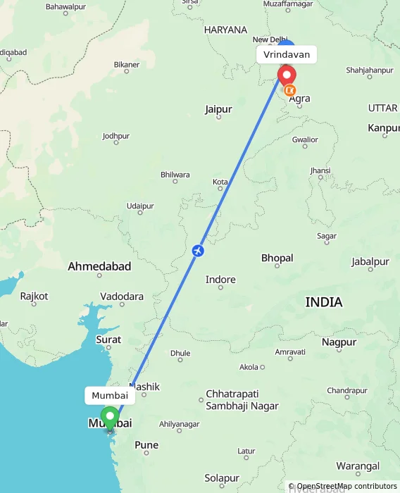 Route map showing distance and travel time from Mumbai, India to Vrindavan, India