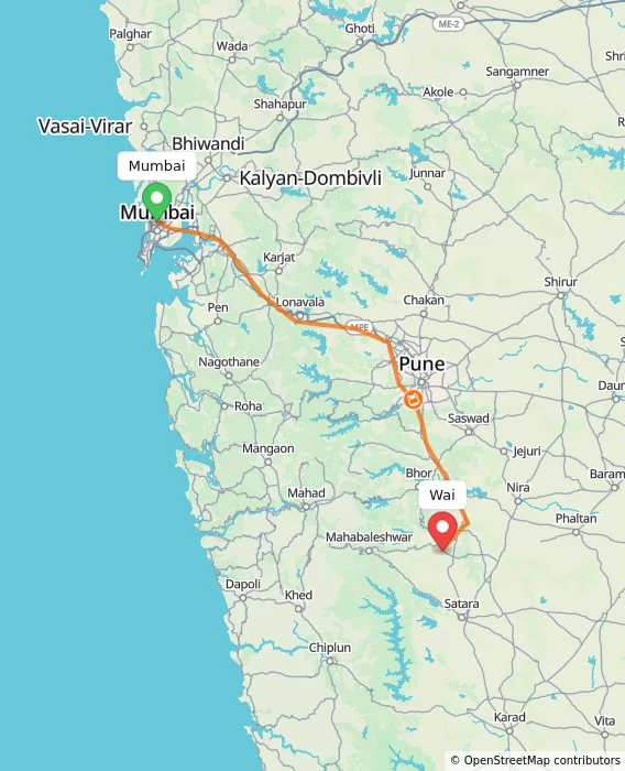 Route map showing distance and travel time from Mumbai, India to Wai, India