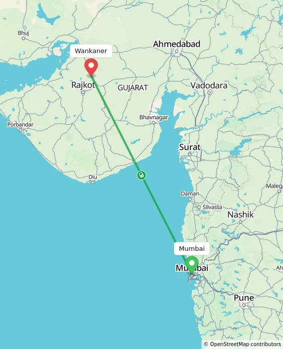Route map showing distance and travel time from Mumbai, India to Wankaner, India