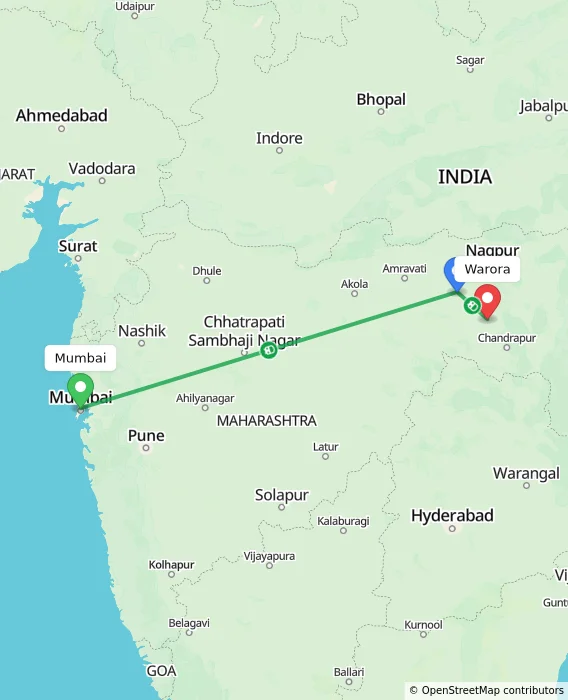 Route map showing distance and travel time from Mumbai, India to Warora, India