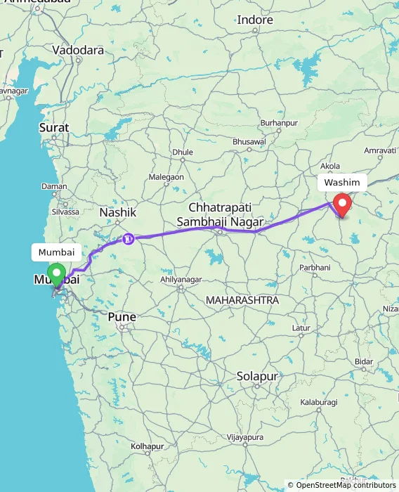 Route map showing distance and travel time from Mumbai, India to Washim, India