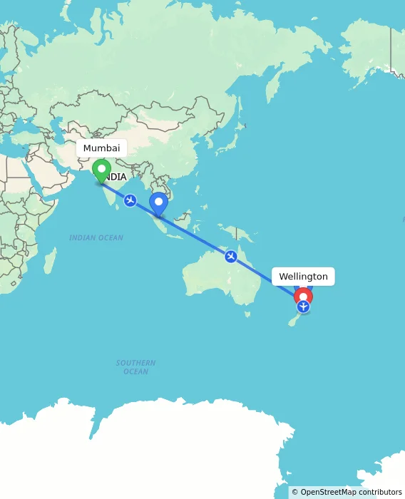 Route map showing distance and travel time from Mumbai, India to Wellington, New Zealand