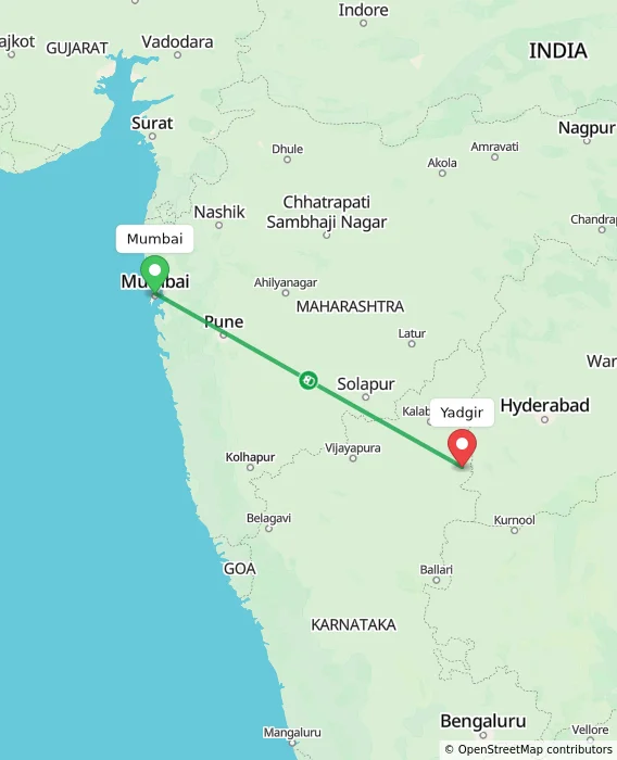 Route map showing distance and travel time from Mumbai, India to Yadgir, India