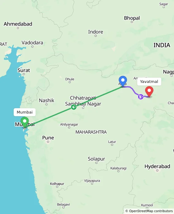 Route map showing distance and travel time from Mumbai, India to Yavatmal, India