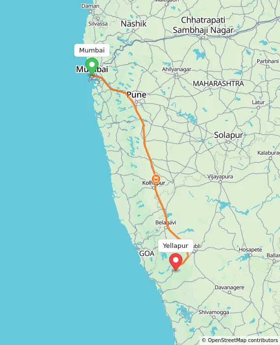Route map showing distance and travel time from Mumbai, India to Yellapur, India