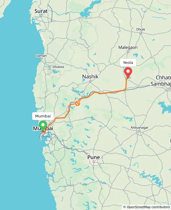 Route map showing distance and travel time from Mumbai, India to Yeola, India