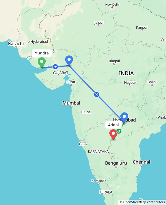 Route map showing distance and travel time from Mundra, India to Adoni, India