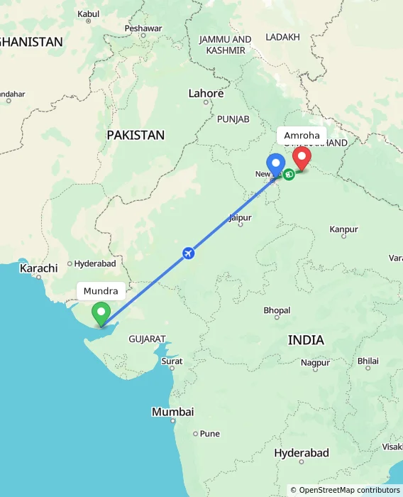 Route map showing distance and travel time from Mundra, India to Amroha, India