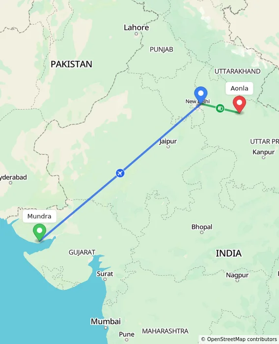 Route map showing distance and travel time from Mundra, India to Aonla, India