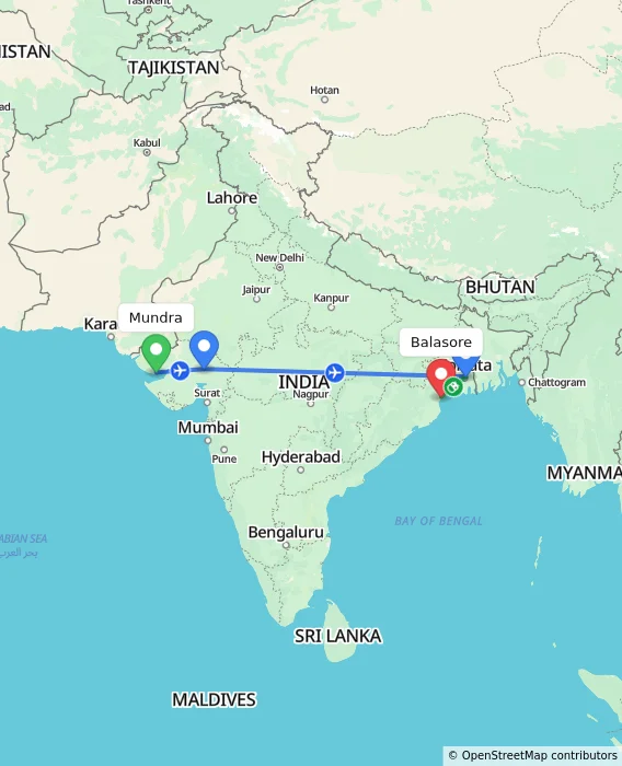 Route map showing distance and travel time from Mundra, India to Balasore, India