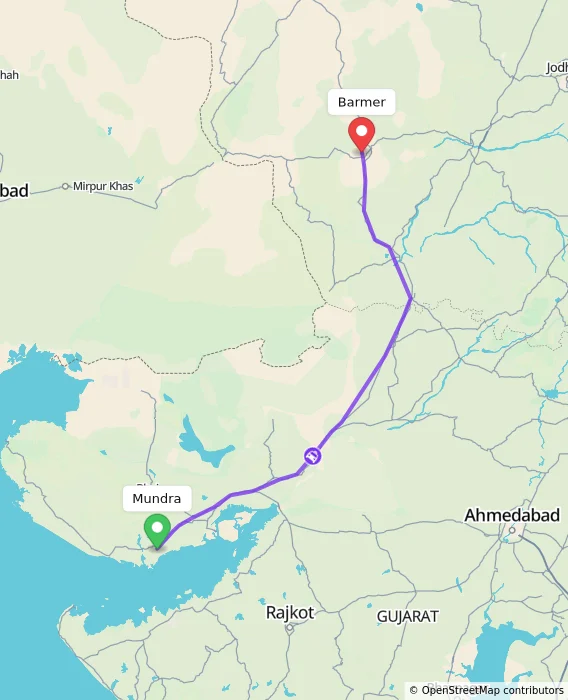 Route map showing distance and travel time from Mundra, India to Barmer, India