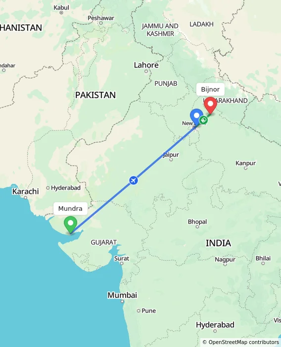 Route map showing distance and travel time from Mundra, India to Bijnor, India