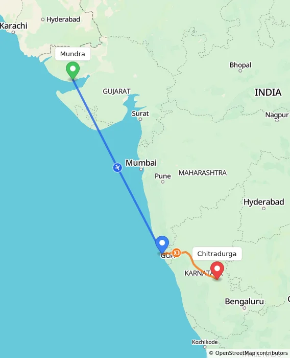 Route map showing distance and travel time from Mundra, India to Chitradurga, India