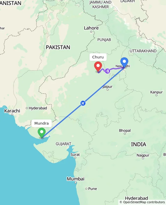 Route map showing distance and travel time from Mundra, India to Churu, India