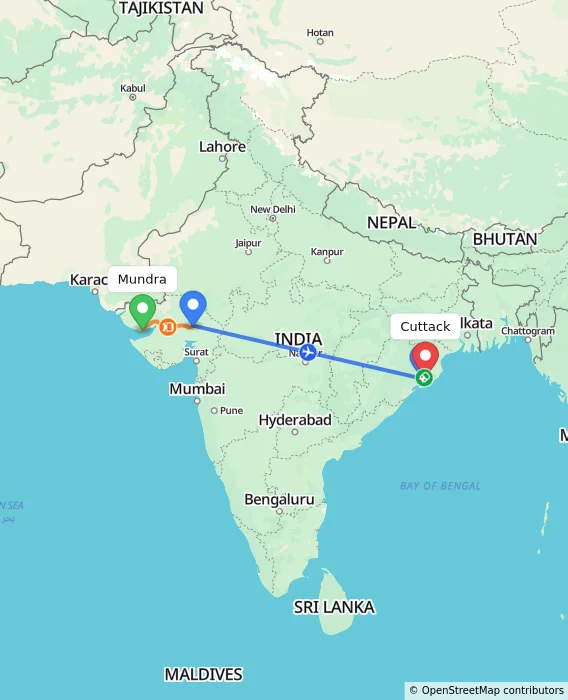 Route map showing distance and travel time from Mundra, India to Cuttack, India