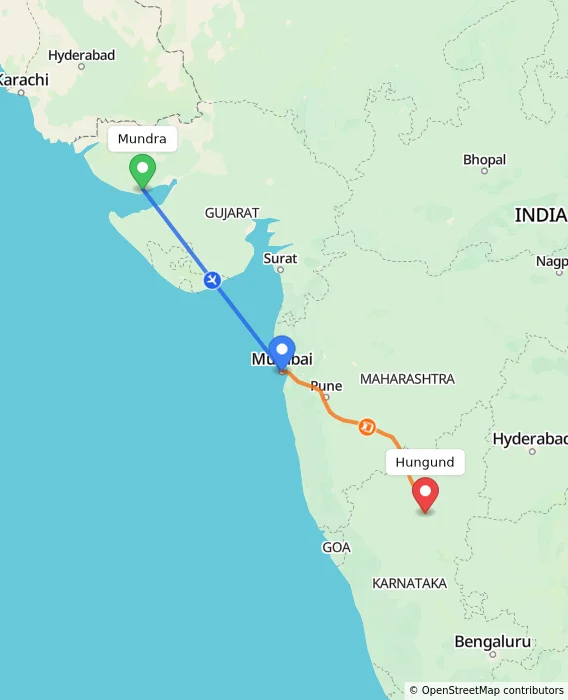Route map showing distance and travel time from Mundra, India to Hungund, India
