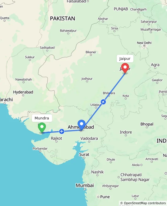 Route map showing distance and travel time from Mundra, India to Jaipur, India