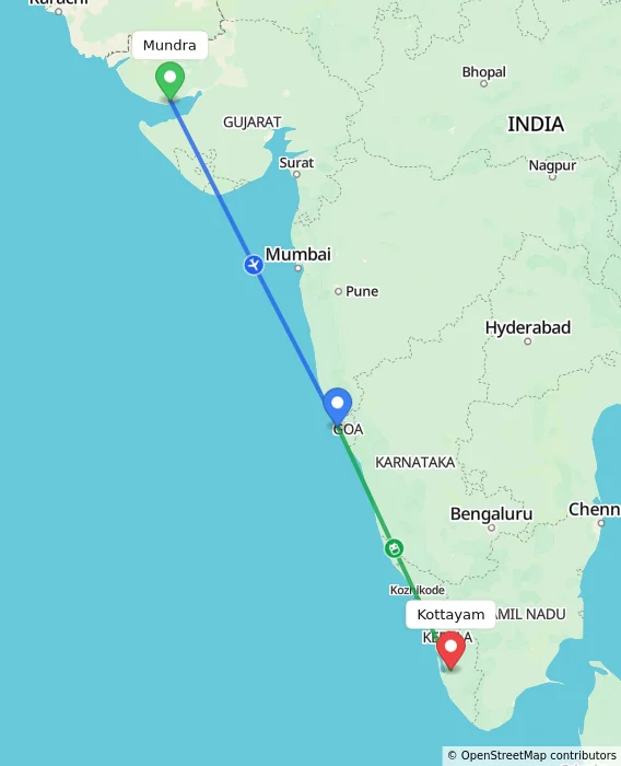 Route map showing distance and travel time from Mundra, India to Kottayam, India