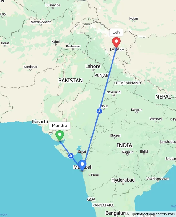 Route map showing distance and travel time from Mundra, India to Leh, India