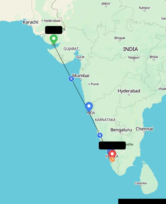 Route map showing distance and travel time from Mundra, India to Muvattupuzha, India