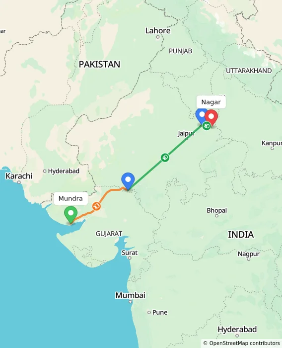 Route map showing distance and travel time from Mundra, India to Nagar, India
