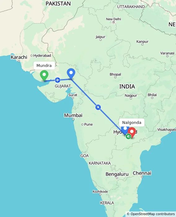Route map showing distance and travel time from Mundra, India to Nalgonda, India