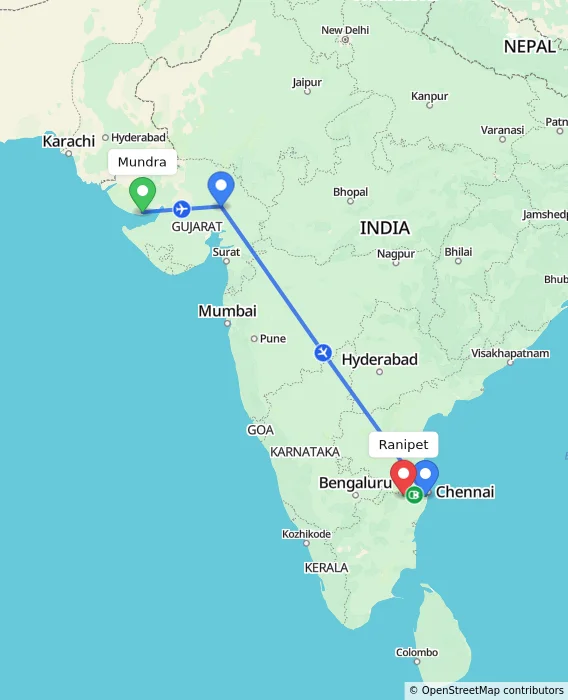 Route map showing distance and travel time from Mundra, India to Ranipet, India