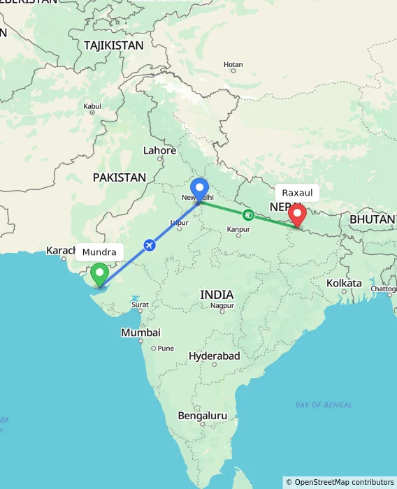 Route map showing distance and travel time from Mundra, India to Raxaul, India