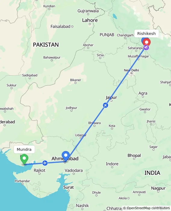 Route map showing distance and travel time from Mundra, India to Rishikesh, India