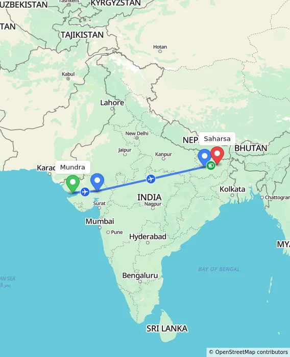 Route map showing distance and travel time from Mundra, India to Saharsa, India