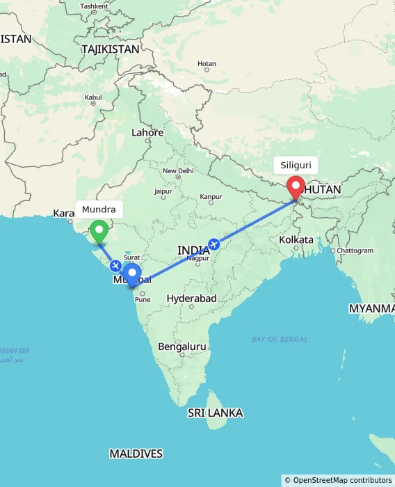Route map showing distance and travel time from Mundra, India to Siliguri, India