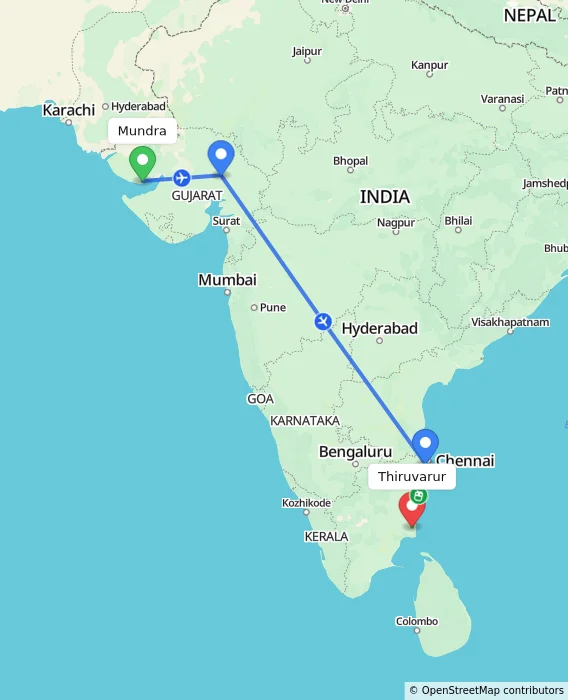 Route map showing distance and travel time from Mundra, India to Thiruvarur, India