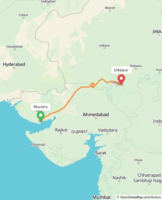 Route map showing distance and travel time from Mundra, India to Udaipur, India