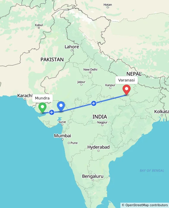 Route map showing distance and travel time from Mundra, India to Varanasi, India