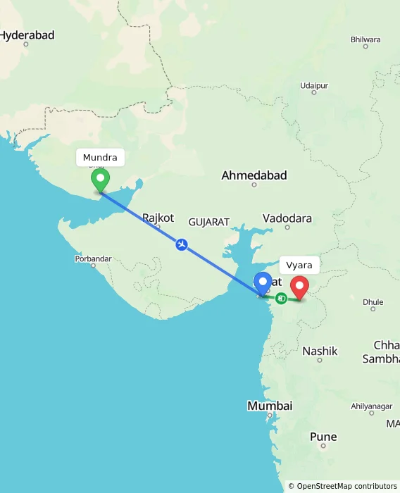 Route map showing distance and travel time from Mundra, India to Vyara, India