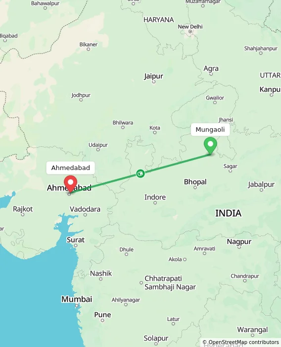 Route map showing distance and travel time from Mungaoli, India to Ahmedabad, India