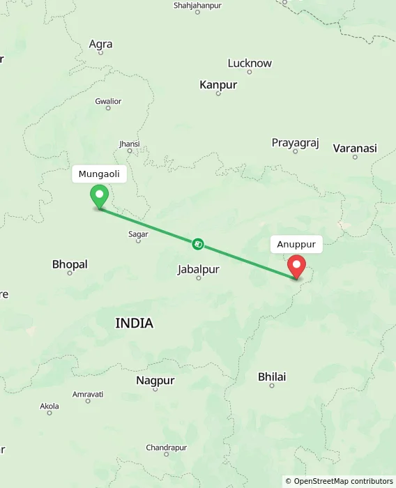 Route map showing distance and travel time from Mungaoli, India to Anuppur, India