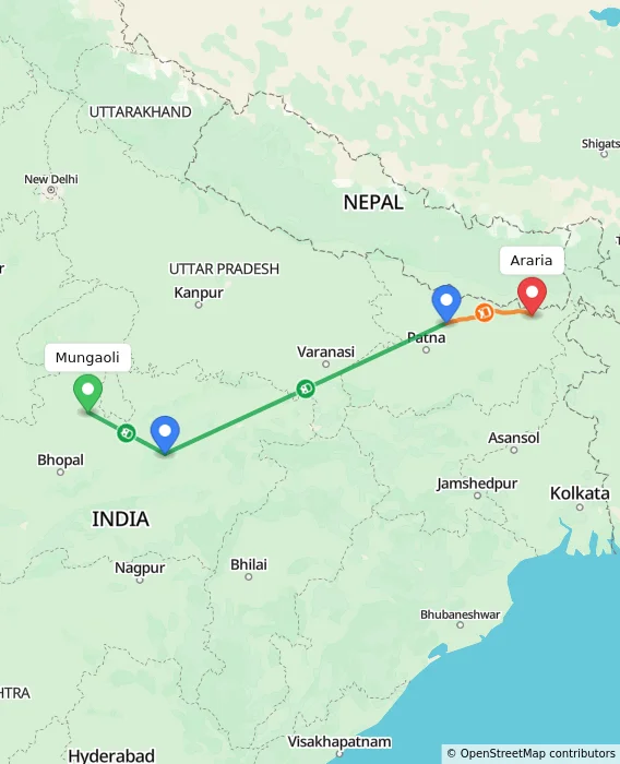 Route map showing distance and travel time from Mungaoli, India to Araria, India