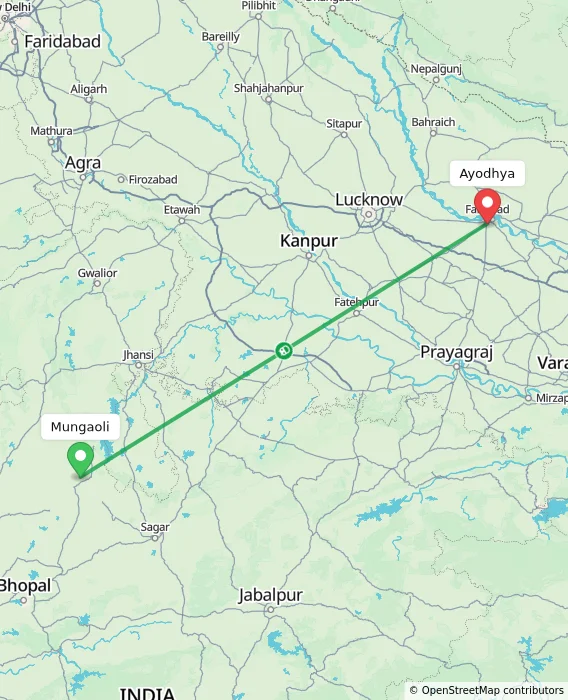 Route map showing distance and travel time from Mungaoli, India to Ayodhya, India