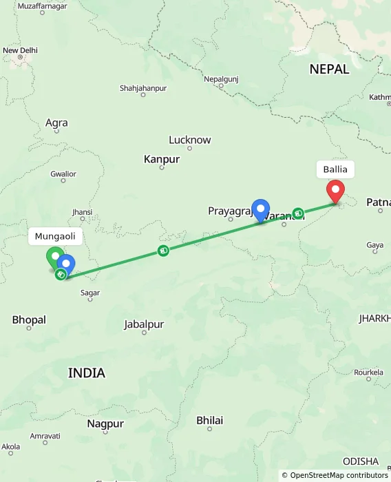Route map showing distance and travel time from Mungaoli, India to Ballia, India
