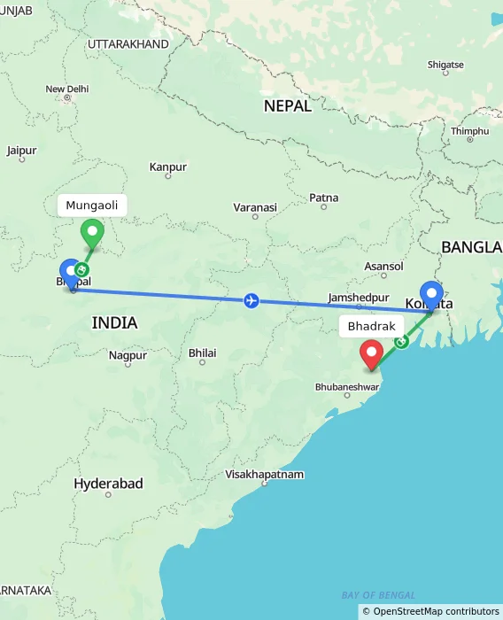 Route map showing distance and travel time from Mungaoli, India to Bhadrak, India
