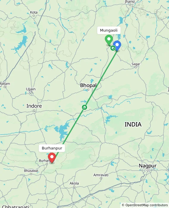 Route map showing distance and travel time from Mungaoli, India to Burhanpur, India