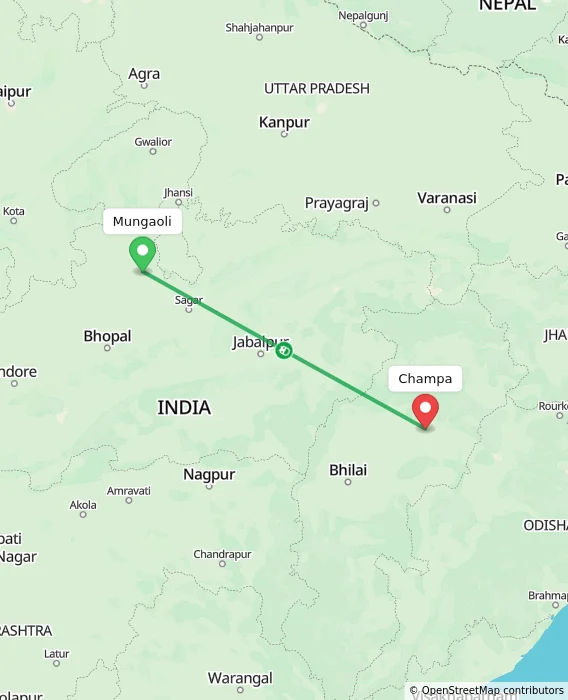 Route map showing distance and travel time from Mungaoli, India to Champa, India